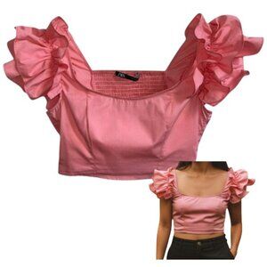 Zara Crop Top Pastel Pink Ruffle Sleeve Size S